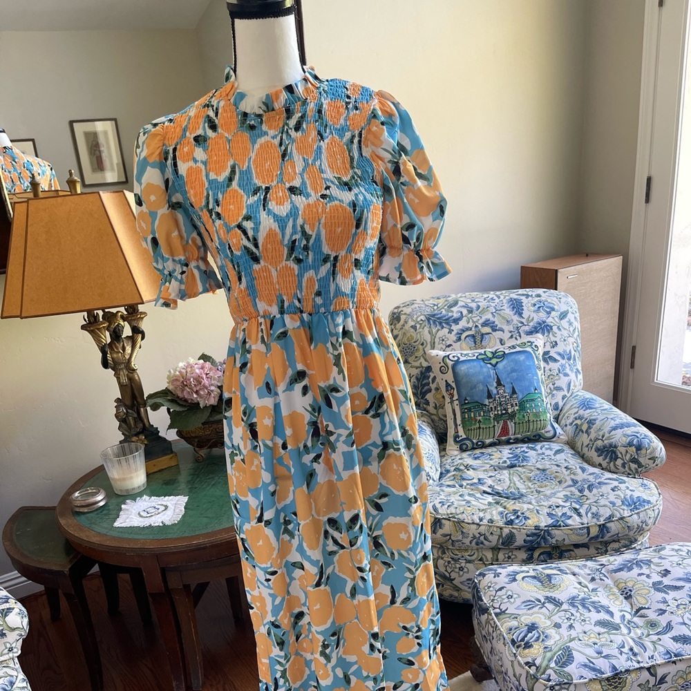 Never Fully Dressed Smocked Floral Maxi Dress  with Puff Sleeves sz 6